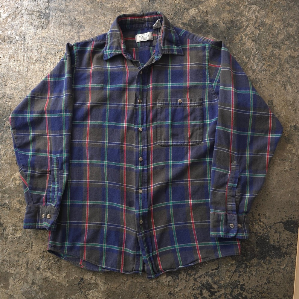 Vintage 90s The Men's Store at Sears Blue Plaid Flannel Shirt Medium Long Sleeve